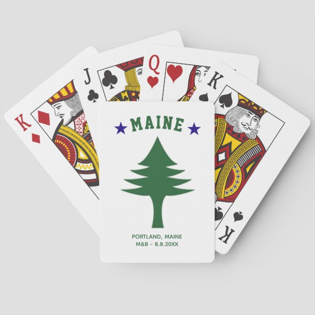 Maine Flag Tree Star Wedding Favor Custom Text Playing Cards (Back)