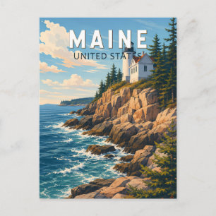 Maine Illustration Travel Art Vintage Postcard
