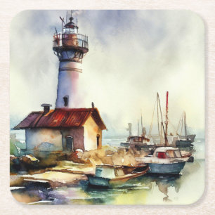 Maine Lighthouse and boats Watercolor Art Square Paper Coaster