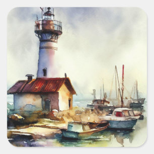 Maine Lighthouse and boats Watercolor Art Square Sticker