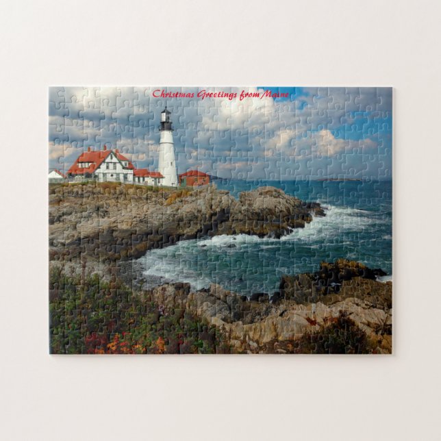 Maine Lighthouse. Christmas Greetings Jigsaw Puzzle (Horizontal)