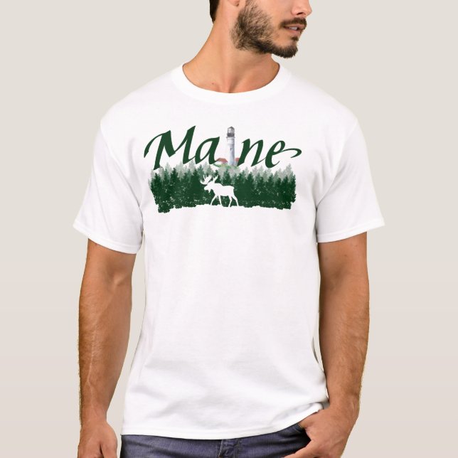 Maine, lighthouse, pine trees, silhouette moose T-Shirt (Front)