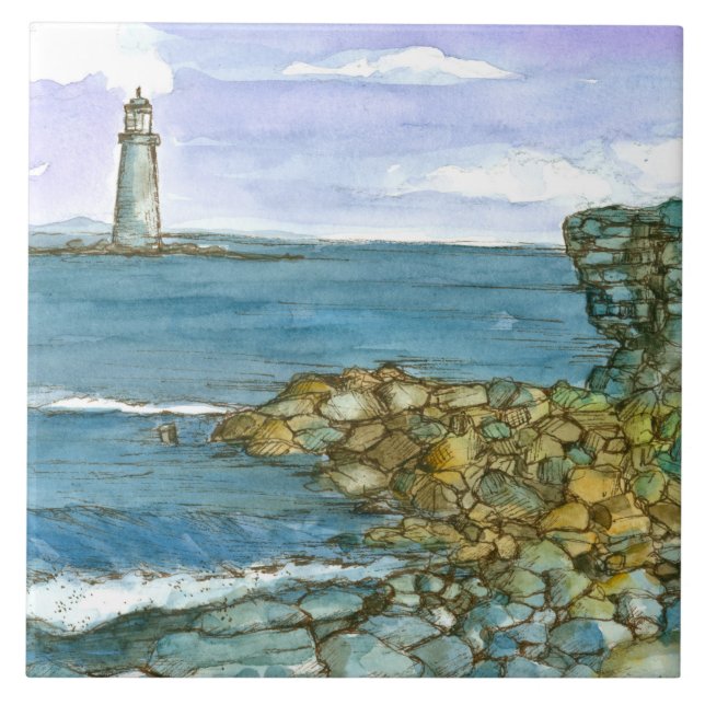 Maine Lighthouse Rocky Coastline Ocean Tile (Front)