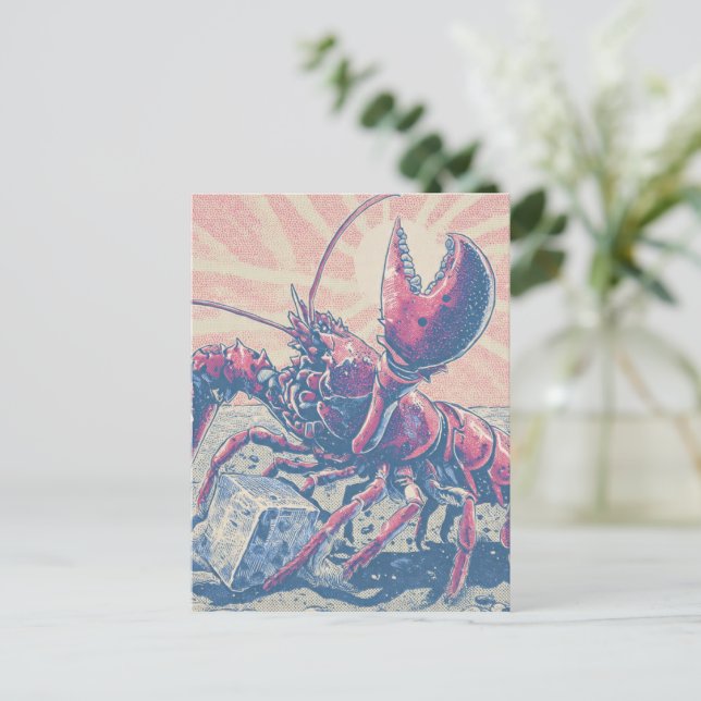 Maine Lobster Breaking Ice Cube Retro Postcard (Standing Front)