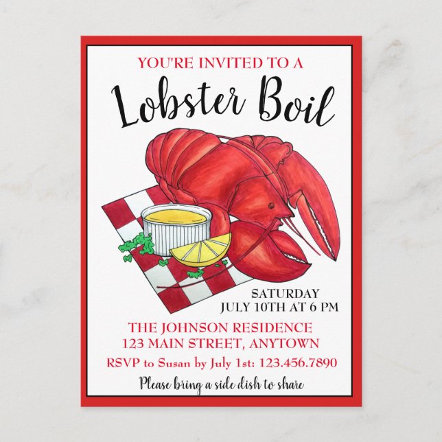 Maine Lobster Dinner Seafood Boil Picnic Clambake Invitation Postcard (Front)