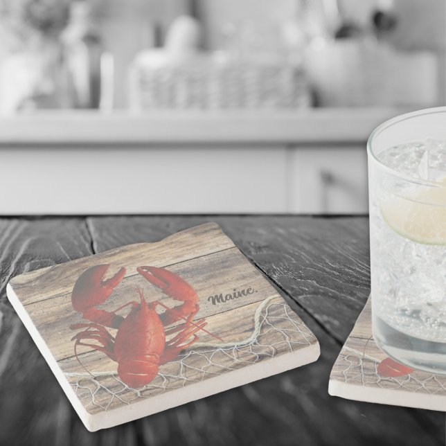 Maine Lobster Stone Coaster with Fish Net (Perfect everyday Maine lobster coasters, ready to be personalized! )