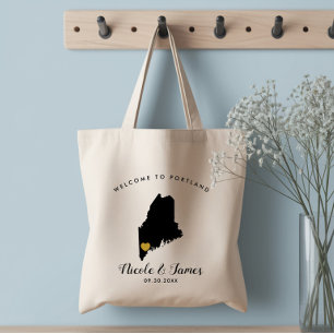Maine Map Wedding Welcome Bag Tote, Black & Gold