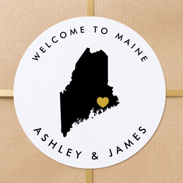 Maine Map Wedding Welcome Sticker Tag, Black Gold (Creator Uploaded)