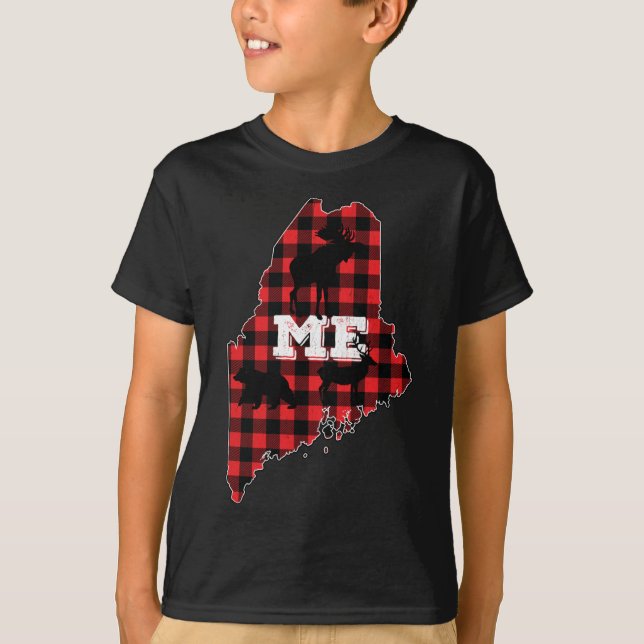 Maine ME State Red Plaid Fill Moose Hunting Christ T-Shirt (Front)