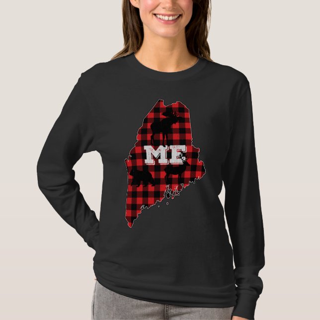 Maine ME State Red Plaid Fill Moose Hunting Christ T-Shirt (Front)