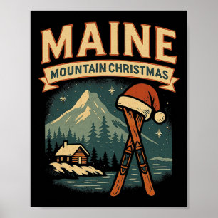 Maine Mountain Shirt Cabin Ski Christmas Santa Hat Poster