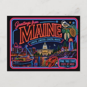 Maine Neon State Retro Vintage Postcard