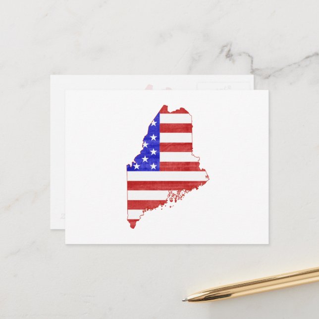 Maine Patriotic State Shaped American Flag Postcard (Front/Back In Situ)