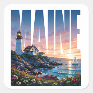 Maine Rocky Coast Lighthouse Ocean Adventure Square Sticker