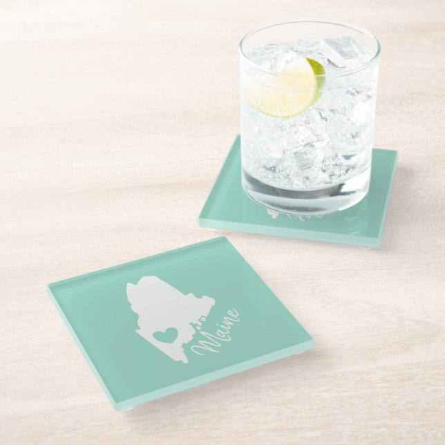 Maine state map love home glass coaster (Angled)