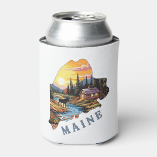 Maine State Outline Cabin Moose Can Cooler