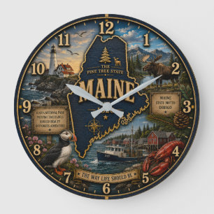 Maine State Pine Tree State Coastal Lighthouse Large Clock