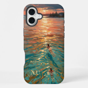 Maine Swimmers Sunset Oil Painting Monogram iPhone 16 Plus Case