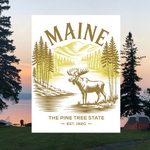 Maine The Pine Tree State Est. 1820 Moose Travel Postcard