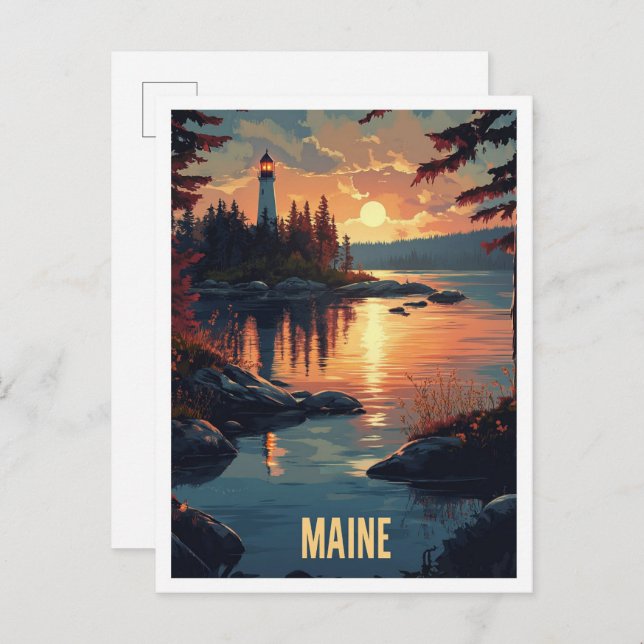 Maine USA Art Vintage Illustration Travel Postcard (Front/Back)