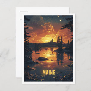 Maine USA Art Vintage Illustration Travel Postcard