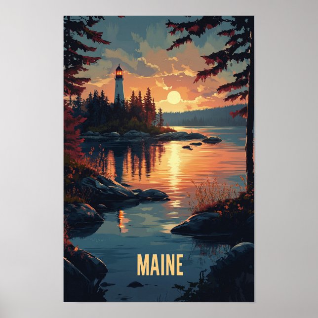 Maine USA Art Vintage Illustration Travel Poster (Front)