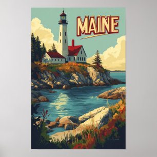 Maine USA Art Vintage Illustration Travel Poster