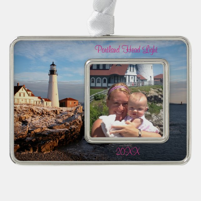 Maine Vacation Family Photo Portland Head Light Silver Plated Framed Ornament (Front)