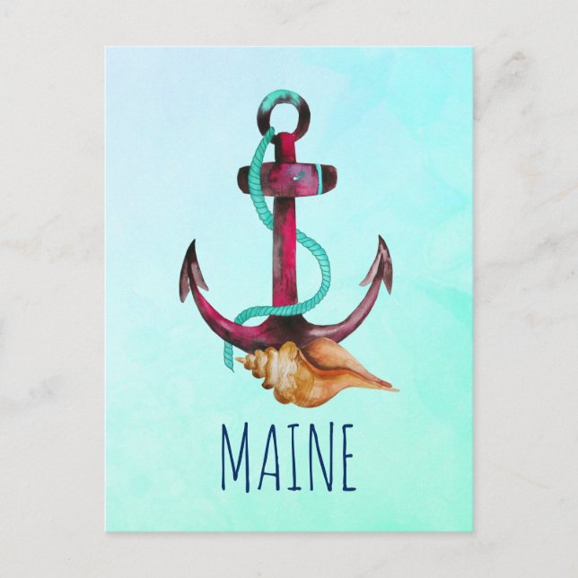 Maine With Anchor And Seashell Nautical Theme Postcard (Front)