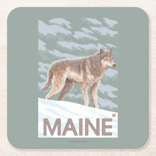 MaineWolf Scene Square Paper Coaster
