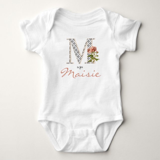 Maisie Name Reveal Floral Letter M Girl Flower Baby Bodysuit (Front)