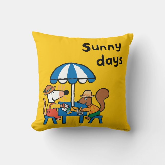 Maisy Writes Postcards under Blue Umbrella Cushion (Front)