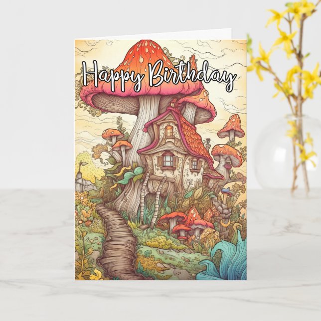 Majestic Abstract Mushroom Village Art Card (Yellow Flower)