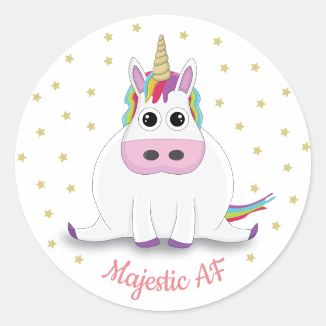 Majestic AF Cute chubby Unicorn and stars cartoon  Classic Round Sticker (Front)