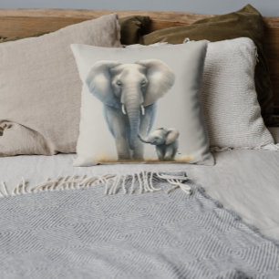 Majestic African Elephant and Baby in Watercolor  Cushion
