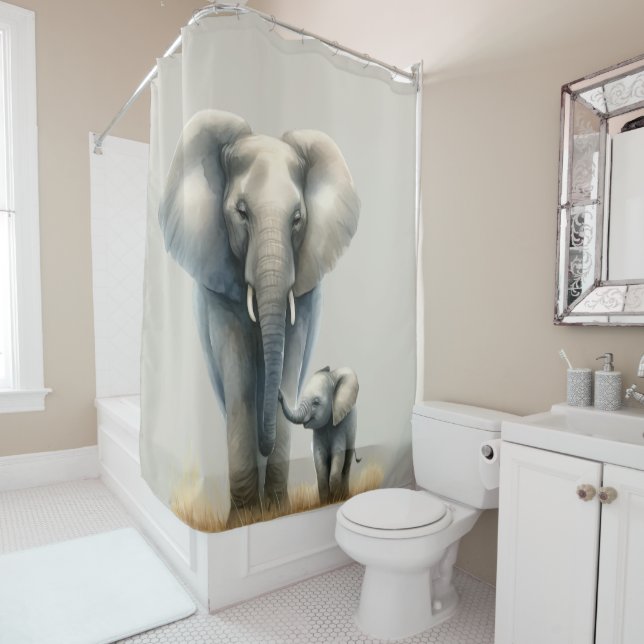 Majestic African Elephant and Baby in Watercolor  Shower Curtain (In Situ)
