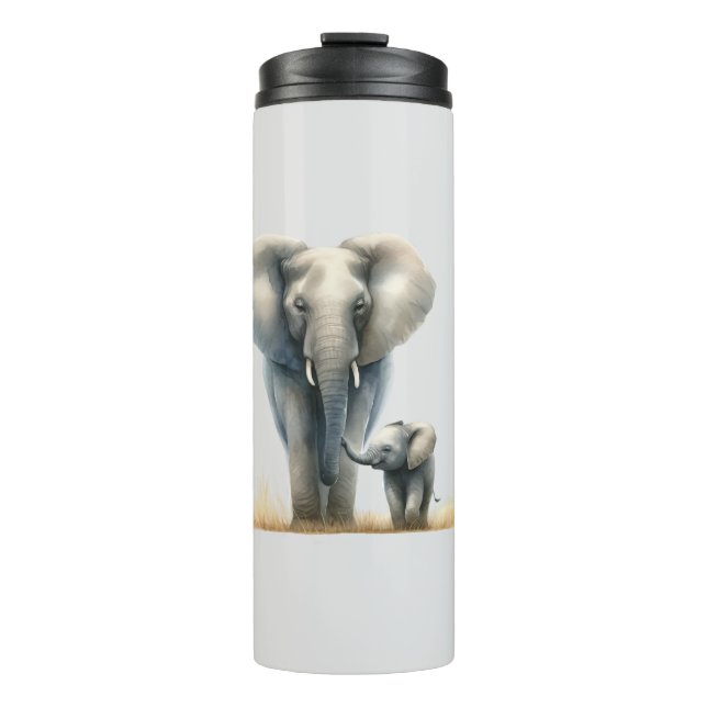 Majestic African Elephant and Baby in Watercolor  Thermal Tumbler (Front)