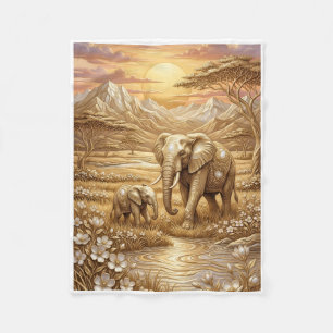 Majestic African Elephants In Golden Savanna Fleec Fleece Blanket
