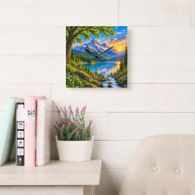 Majestic Alpine Mountain Lake Sunset Landscape Art