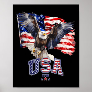 Majestic American Bald Eagle With Usa Flag 4th Of Poster
