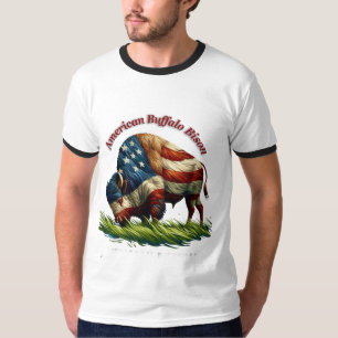 Majestic American Bison Illustrated Flag T-Shirt