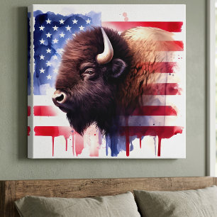 Majestic American Bison & Patriotic Flag Artwork Canvas Print