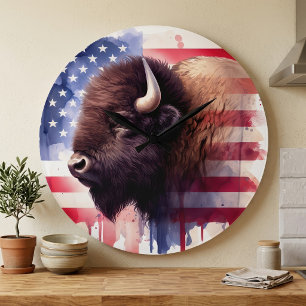 Majestic American Bison & Patriotic Flag Artwork Large Clock