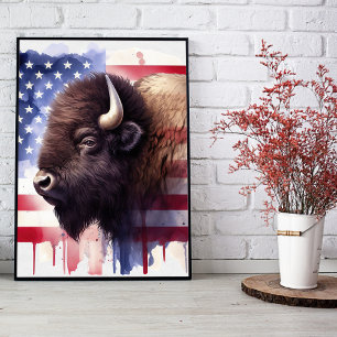 Majestic American Bison & Patriotic Flag Artwork Photo Print