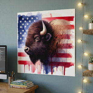 Majestic American Bison & Patriotic Flag Artwork Poster