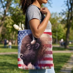 Majestic American Bison & Patriotic Flag Artwork Tote Bag