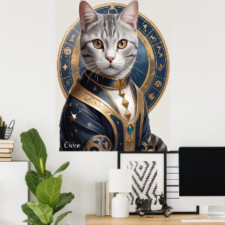 Majestic American Shorthair Cat in Blue and Gold  Poster