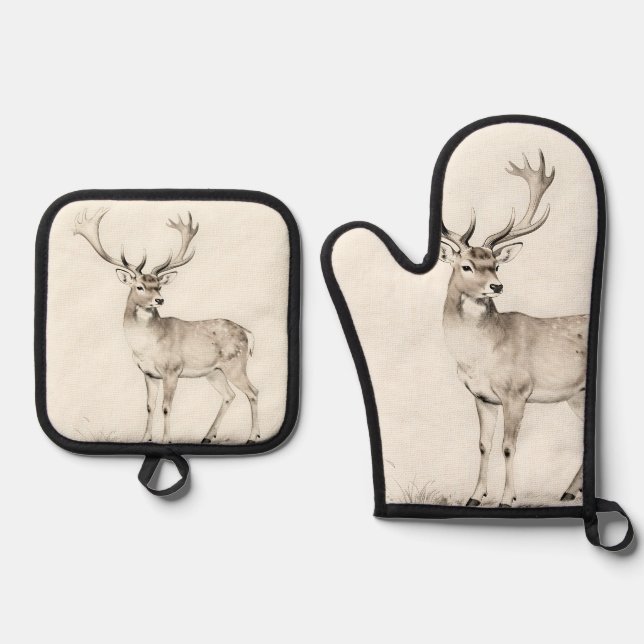 Majestic Antlered Deer Sketch Oven Mitt & Pot Holder Set (Front)