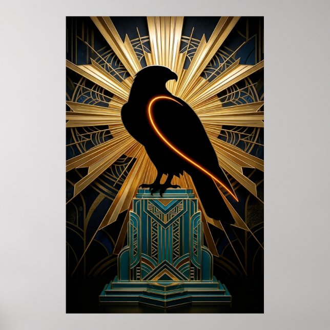 Majestic Art Deco Falcon Silhouette Gold & Teal Poster (Front)