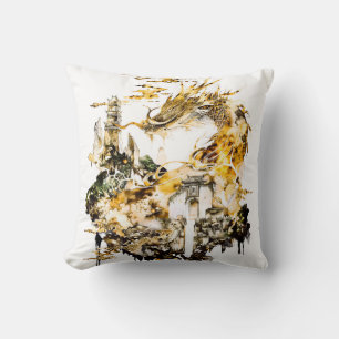 Majestic Asian Mythology Dragon Temple Fantasy Cushion